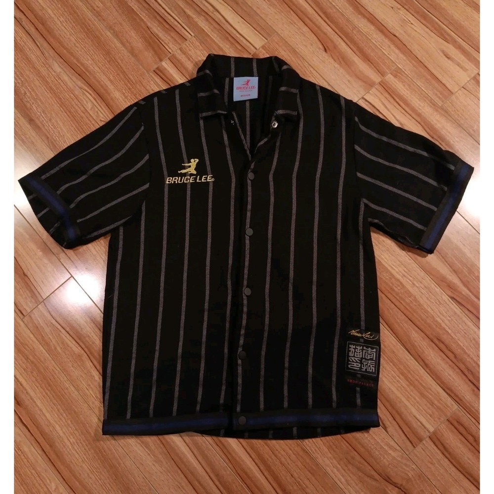 Bruce Lee X Shoe Palace Shirt Mens Large Black Striped Snap Button Short Sleeve
